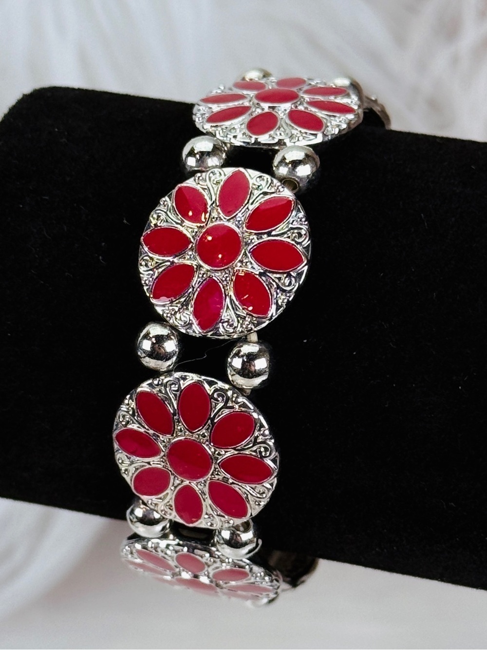 Vintage silvertone with red stretch costume bracelet